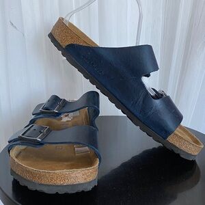 Men’s Leather Birkenstock Arizona Oiled Navy Double Strap Sandals Size 12-12.5